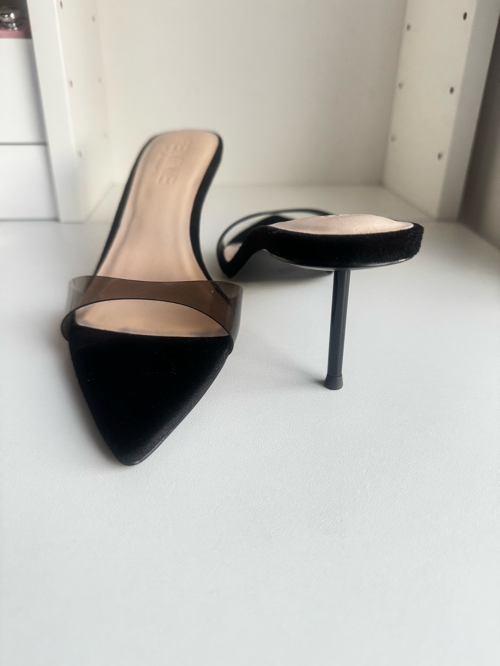 FEMME Los Angeles Black Pointed Mule with Smoky Clear Strap - Sleek Slip-On - Picture 3 of 4